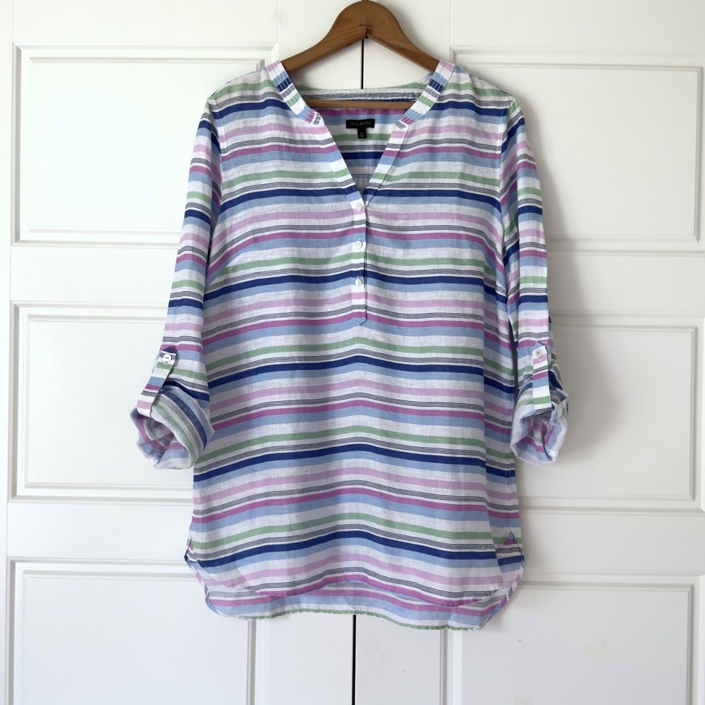 Talbots Linen Popover Tunic Top Womens M Striped Roll Tab Sleeves Coastal Beach